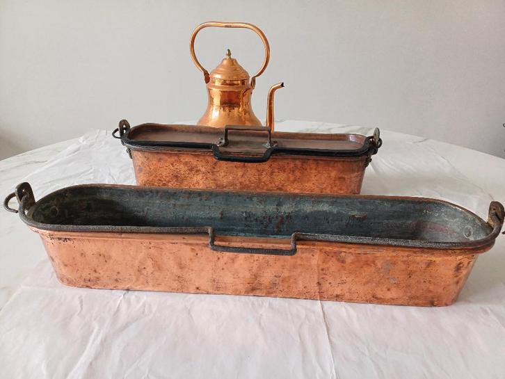 2 koperen terrines voor bereiding van eten in de open haard, Antiek en Kunst, Antiek | Keukengerei, Ophalen of Verzenden