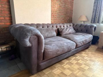Chesterfield-stijl 3-zit - donkergrijs/taupe suède look beschikbaar voor biedingen