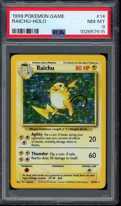 Raichu Holo PSA 8 - 14/102 - Base Set 1999, Hobby en Vrije tijd, Verzamelkaartspellen | Pokémon, Zo goed als nieuw, Losse kaart
