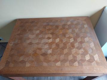 Vintage houten tafel + bijzettafel - geometrisch inlegblad beschikbaar voor biedingen