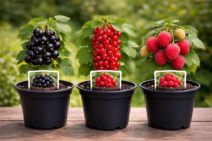 3 fruitplanten in pot – zwarte bes, rode aalbes & framboos, Jardin & Terrasse, Plantes | Arbres fruitiers, Autres espèces, Moins de 100 cm