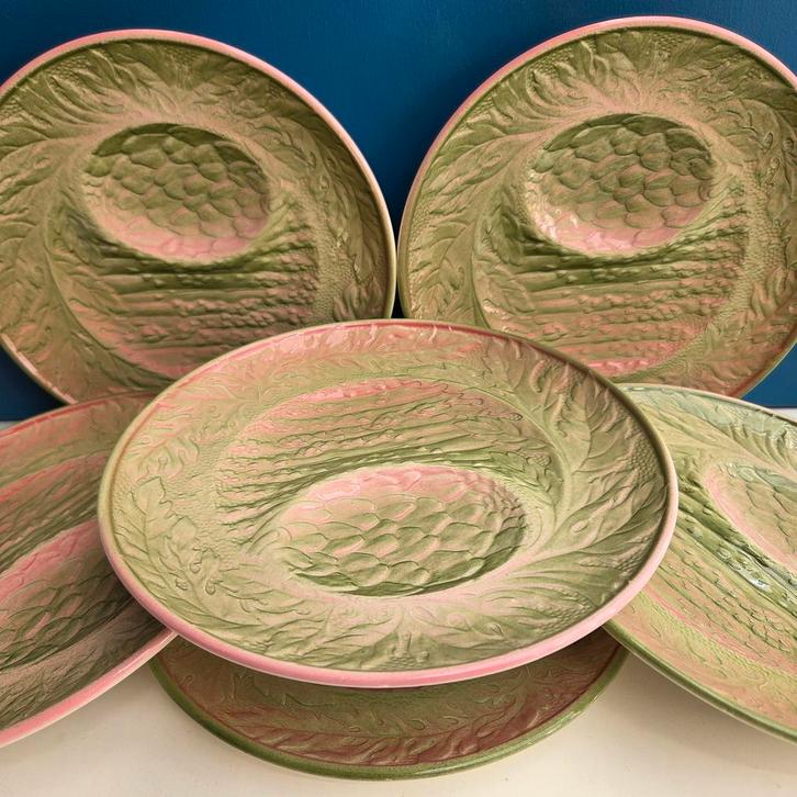 Antieke Franse Gien, asperge borden, 6 stuks, Antiek en Kunst, Antiek | Servies compleet, Ophalen of Verzenden