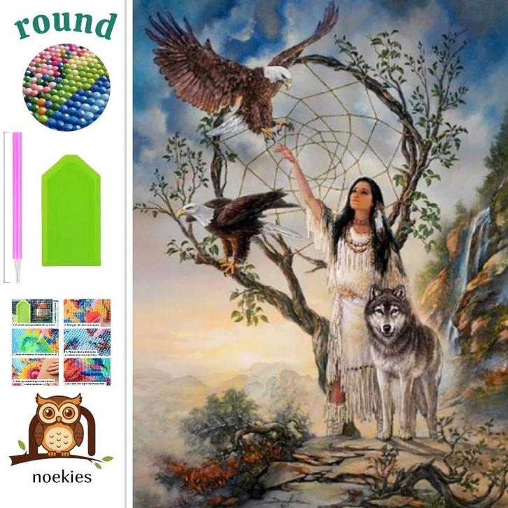 Diamond Painting indiaan wolf adelaar 40x30cm (rond), Hobby en Vrije tijd, Knutselen, Nieuw, Knutselwerk, Verzenden