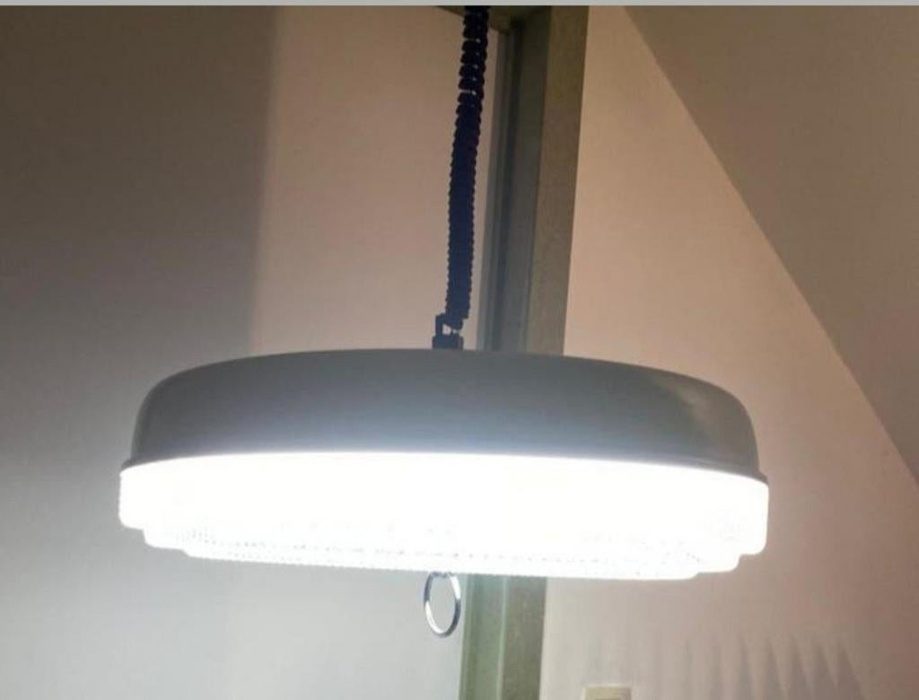 Lampe suspendue vintage 70 avec système Rolli + nouvelle lam, Enlèvement