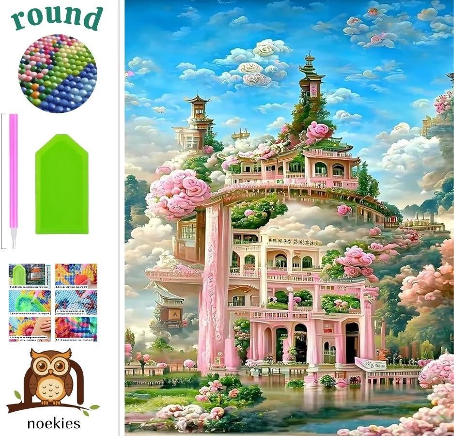 N 2012 Diamond Painting pink fantasy castle 50x40cm (rond), Neuf, Fantasie, Autocollant, Diamond painting