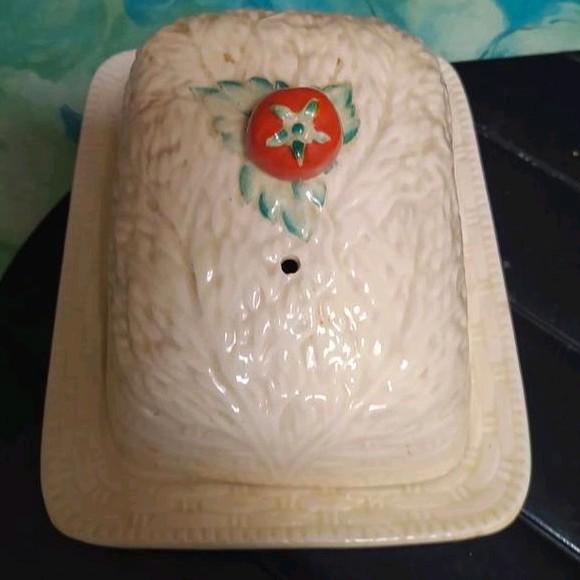 Vintage Crown Devon aardewerk,botervloot met koolblad,tomaat, Verzamelen, Blikken, Ophalen of Verzenden