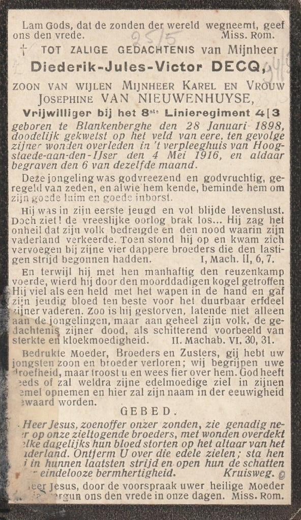 Gesneuvelde 1914-1918    Diederik Decq, Verzamelen, Bidprentjes en Rouwkaarten, Ophalen