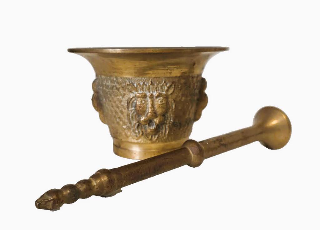 Mortier en cuivre massif avec têtes de lion et pilon., Enlèvement ou Envoi, Cuivre