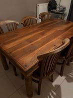 Colombiaans massief houten tafel met stoelen, Huis en Inrichting, Ophalen, Gebruikt, Rustiek, 4 tot 6 stoelen