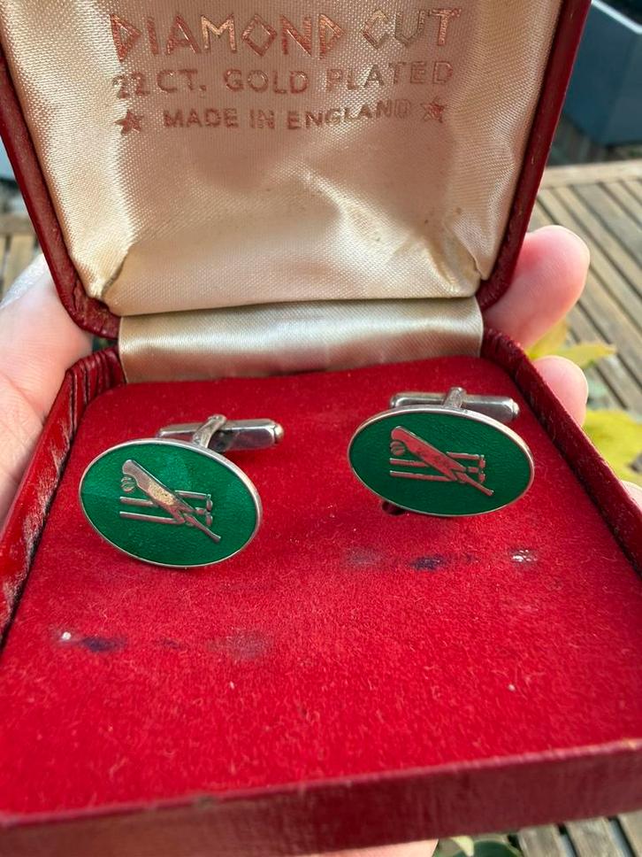 Manchetknopen zilver vintage geëmailleerd met groen, Handtassen en Accessoires, Manchetknopen, Zo goed als nieuw, Zilver, Ophalen of Verzenden