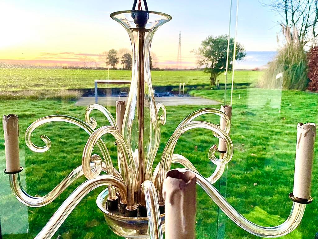 Vintage zesarmige kroonluchter stijl Murano of Boheems glas, Huis en Inrichting, Lampen | Kroonluchters, Gebruikt, Glas, Ophalen