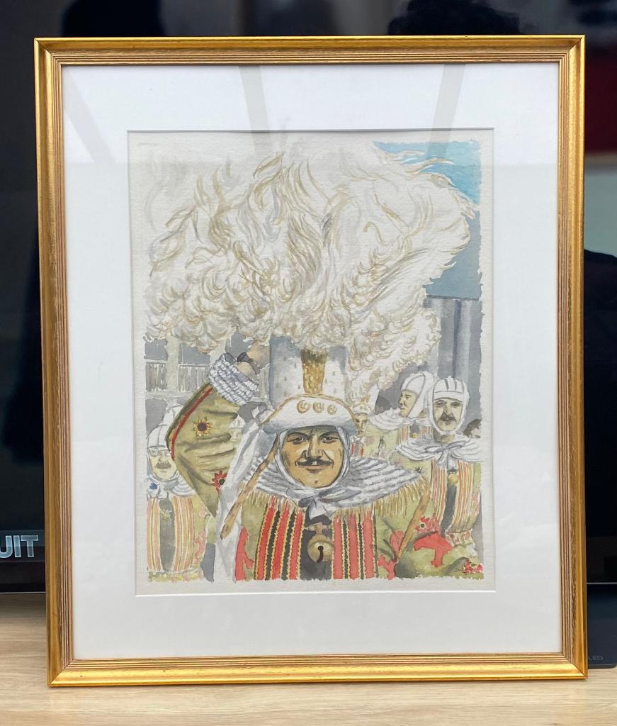 Jolie  aquarelle Gilles de Binche, Antiek en Kunst, Ophalen