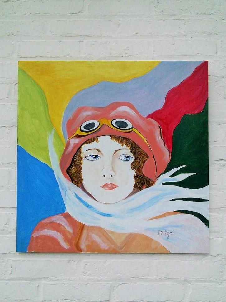 J. Lefrançois - Portret Amelia Earhart (vliegenierster), Antiquités & Art, Art | Peinture | Moderne, Enlèvement ou Envoi