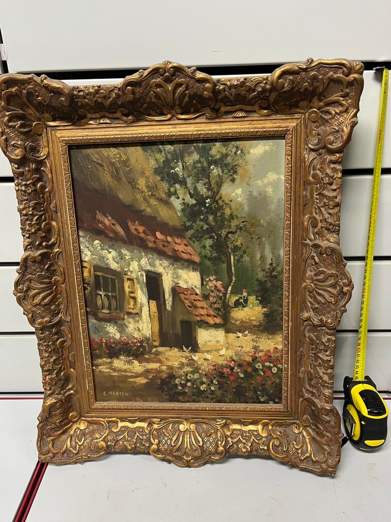Oud schilderij gesigneerd E. Menten — Olieverf op doek -goud, Antiek en Kunst, Kunst | Schilderijen | Klassiek, Ophalen