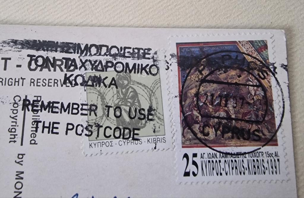 Postkaart met postzegels uit Cyprus 1997, Postzegels en Munten, Postzegels | Europa | Overig, Ophalen of Verzenden