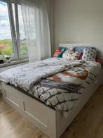 Bed (twijfelaar) met opberger, bedeinde en matras, Queen size, Enlèvement, Blanc, 140 cm