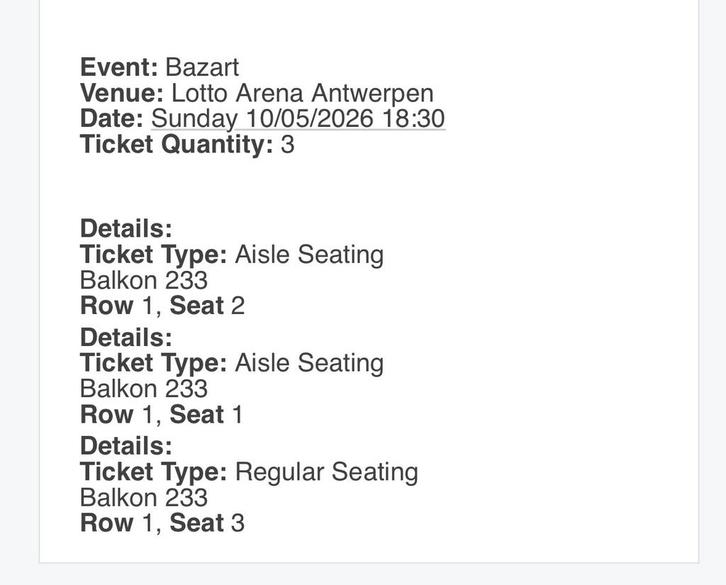 3 tickets bazart zondag 10 mei 18u30, Tickets en Kaartjes, Concerten | Pop, Mei