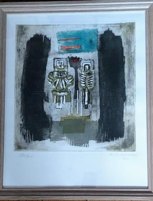Ets Rene Mels "Les cosmonautes e.a "getekend"/kader, Antiek en Kunst, Kunst | Etsen en Gravures, Ophalen of Verzenden