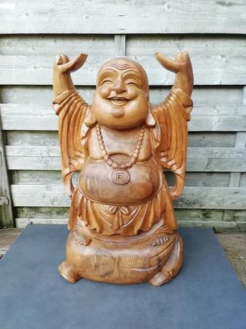 houten beeld/Lachende Boeddha/Azië