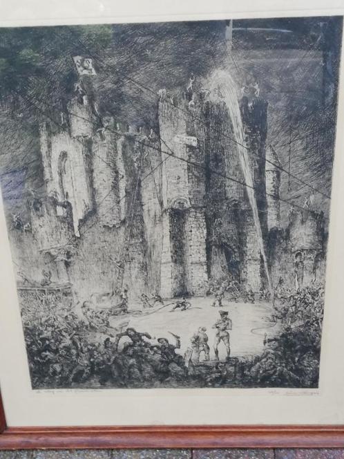 G. Langie; ets: 'De slag om het Gravensteen', Gentse kunst, Antiek en Kunst, Kunst | Etsen en Gravures, Ophalen