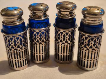 2x peper+2x zout , verzilverd, blauw glas