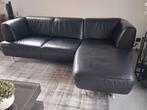 kwaliteitslederen salon zwart 2 en 3 zit met lounge, Ophalen, Zo goed als nieuw, Leer, Tijdloos