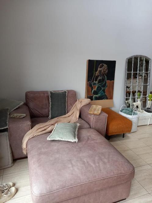 Loveseat met grote hocker, Huis en Inrichting, Zetels | Zetels en Chaises Longues, Gebruikt, Tweepersoons, Leer, Ophalen