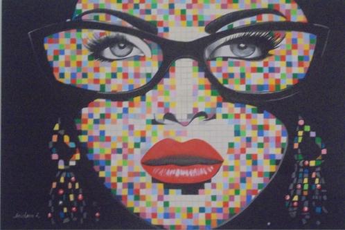 grande peinture à l'huile pop art mosaïque visage (120x80), Antiquités & Art, Art | Peinture | Moderne, Enlèvement ou Envoi