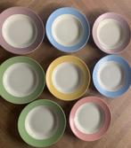 8 assiettes creuses à bord coloré lilas, rose, jaune, vert,, Overige materialen, Ophalen of Verzenden, Zo goed als nieuw, Bord(en)