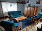 Vintage blauwe salon: driezit + 2x eenzit + salontafel, Huis en Inrichting, Ophalen, Gebruikt, Rechte bank, Hout