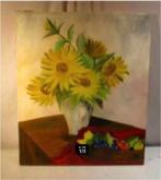 Mooi Oud Geschilderd Werk 'Zonnebloemen en Fruit' - 61x51, Ophalen of Verzenden