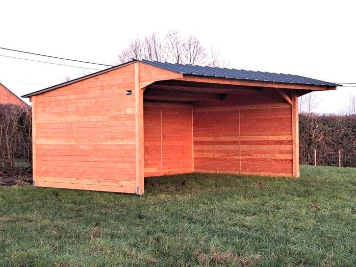 Schuilhok 4x6m + luifel in douglashout, Dieren en Toebehoren, Stalling en Weidegang, Stalling, Weidegang, Accessoires, 2 of 3 paarden of pony's