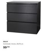 commode MALM noire 3 tiroirs, Comme neuf