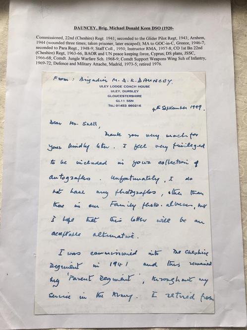 Handgeschreven brief Mike Dauncey DSO Arnhem veteraan, Verzamelen, Militaria | Tweede Wereldoorlog, Ophalen of Verzenden