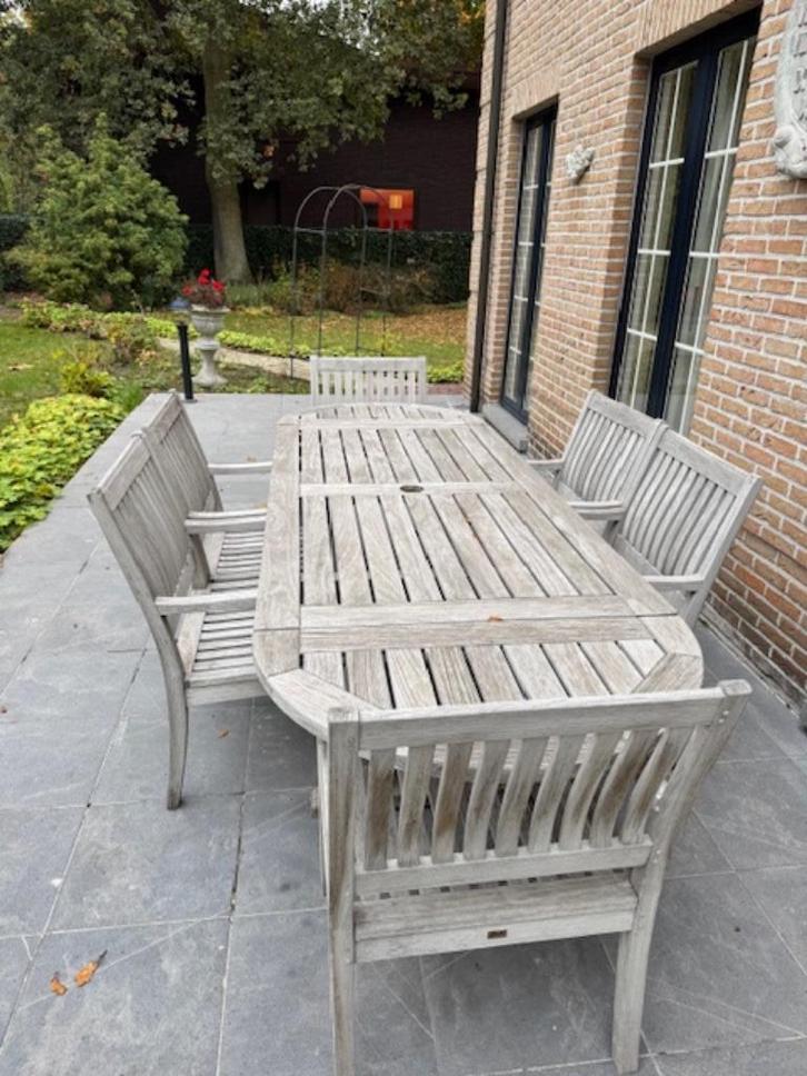 Teak tuinset van Gloster, Tuin en Terras, Tuinsets en Loungesets, Gebruikt, Tuinset, Teakhout, 6 zitplaatsen, Eettafel, Stoel