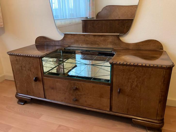 Vintage toilet-, kap-, opmaaktafel met grote spiegel, Maison & Meubles, Armoires | Dressoirs, Utilisé, 100 à 150 cm, 25 à 50 cm