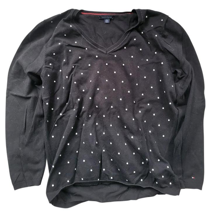 Tommy Hilfiger damestrui — zwarte V-hals met witte stippe, Kleding | Dames, Truien en Vesten, Zo goed als nieuw, Maat 46/48 (XL) of groter