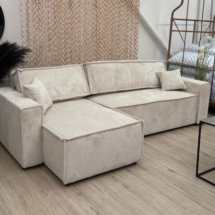 Beige corduroy hoekbank, om te bouwen tot bed, Huis en Inrichting, Zetels | Zetels, Nieuw, Hoekbank, Driepersoons, 250 tot 300 cm