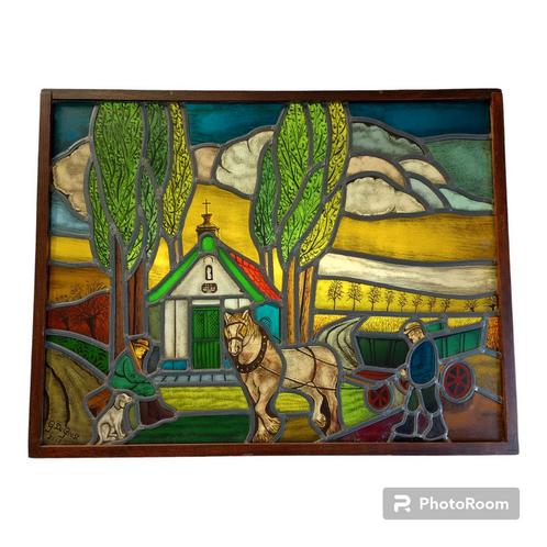 Magnifique vitrail lumineux fermier avec cheval 73x57cm, Antiquités & Art, Antiquités | Verre & Cristal, Enlèvement