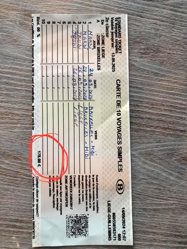 Catre de 6 voyages standards en train. Liege-Bruxelles Midi, Tickets en Kaartjes, Overige Tickets en Kaartjes, Drie personen of meer