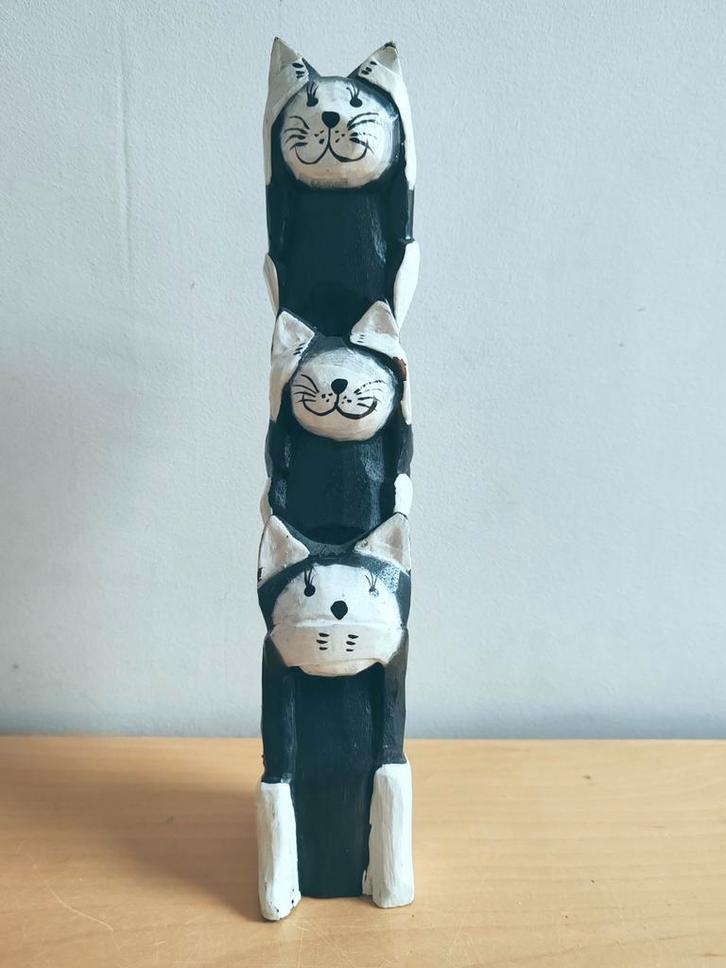 Statue Totem 3 Chats "Sages" en bois sculpté Déco Bohème, Antiek en Kunst, Kunst | Beelden en Houtsnijwerken, Ophalen of Verzenden