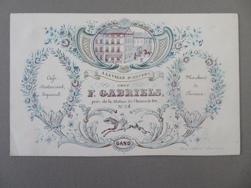 1850 Menu en porcelaine Gand Café Restaurant Gabriels Paarde, Collections, Photos & Gravures, Comme neuf, Gravure, Bâtiment, Avant 1940