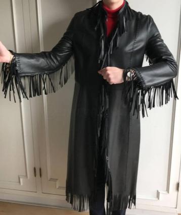 Lange zwarte leren jas met franjes, maat Small, nieuw beschikbaar voor biedingen