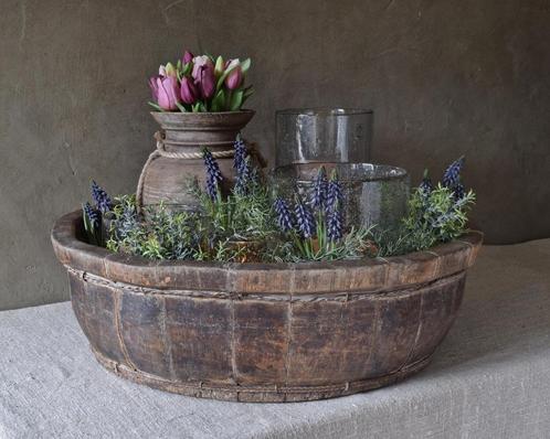 Grote oude houten olijfbak, Huis en Inrichting, Woonaccessoires | Schalen en Manden, Gebruikt, Schaal, Rond, Hout, Ophalen of Verzenden