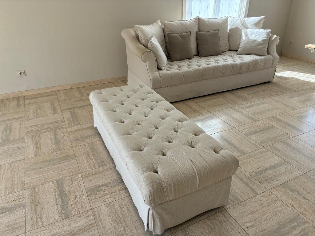 Zetel en poef landelijke stijl, Huis en Inrichting, Zetels | Zetels en Chaises Longues, Ophalen, Gebruikt, Driepersoons, 75 tot 100 cm