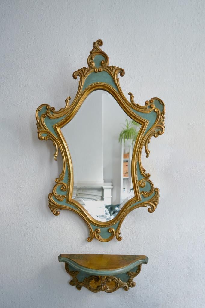 Miroir mural rococo vintage avec console — bois doré, Enlèvement
