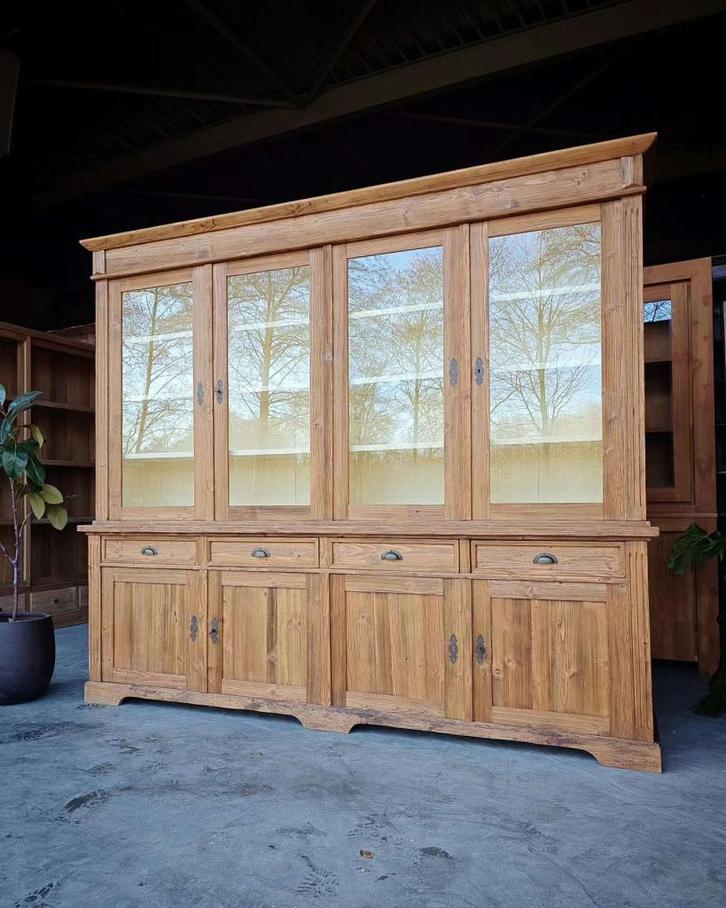 Antieke grenenhouten winkelkast | Brede winkelvitrine #2579, Antiek en Kunst, Antiek | Meubels | Kasten, Ophalen of Verzenden