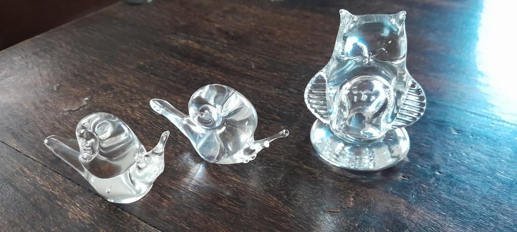 Kristallen uil, slakken (2) beeldjes, Verzamelen, Ophalen, Gebruikt, Beeldje(s)