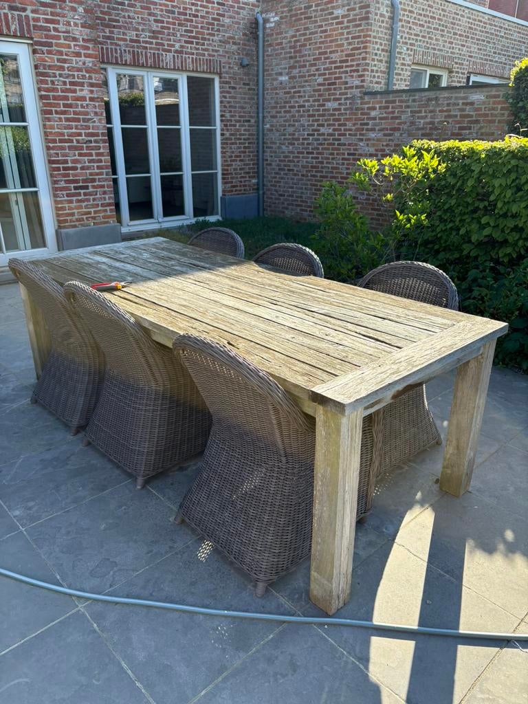 Gezellige tuintafel met 6 stoelen - doe een bod!, Ophalen, Gebruikt, Rechthoekig, Teakhout