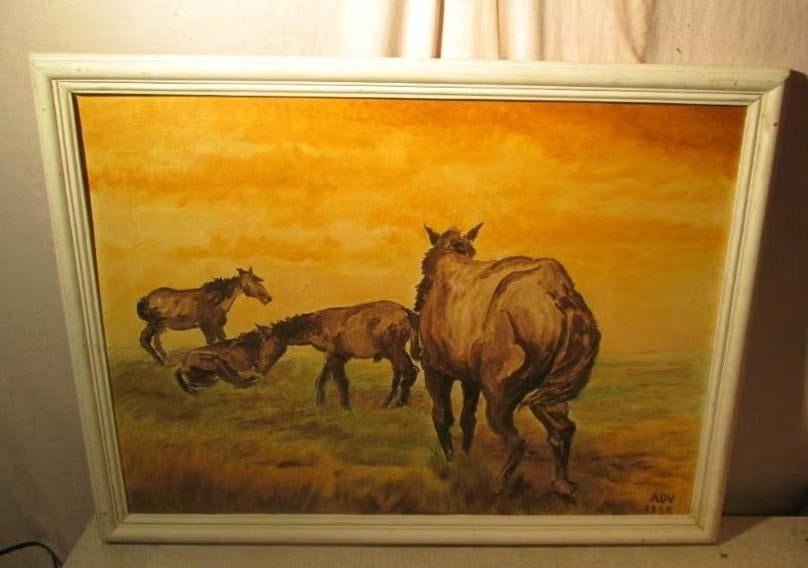 Mooi Oud Geschilderd Werk 'Paarden in de Wei' - 1966 - ADV, Antiek en Kunst, Ophalen of Verzenden